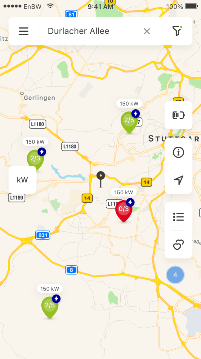 mobility+ App Screen: Karte gefiltert nach nur EnBW Stationen