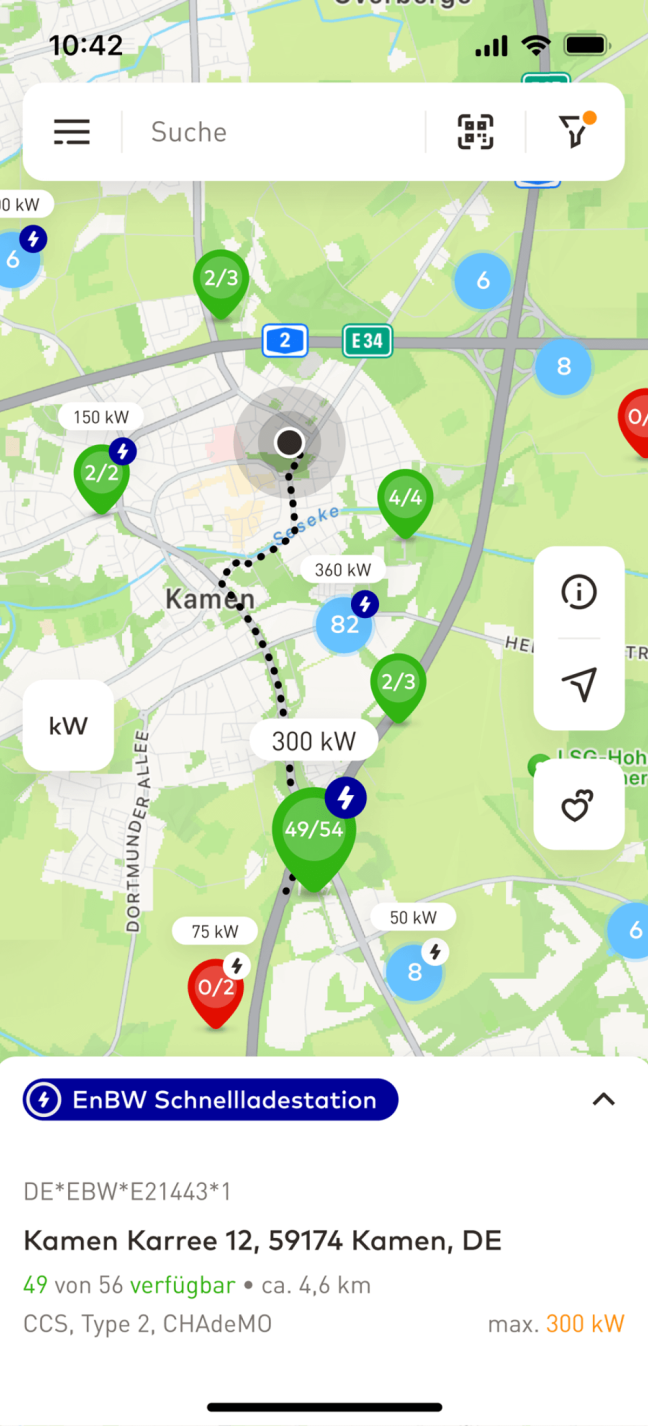 mobility+ App Screen: Karte gefiltert nach nur EnBW Stationen