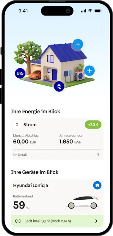 App Screen mit EnBW Mavi Dashboard in EnBW Energiewelt App mit Flex Light in Smartphone-Frame/Handyrahmen