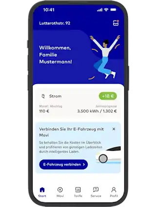 App Screen mit EnBW Mavi Dashboard in EnBW zuhause+ App mit Flex Light in Smartphone-Frame/Handyrahmen