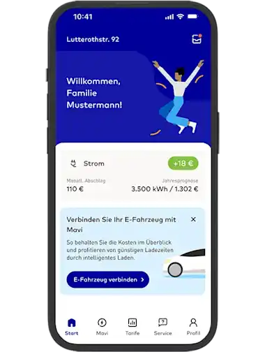 App Screen mit EnBW Mavi Dashboard in EnBW zuhause+ App mit Flex Light in Smartphone-Frame/Handyrahmen