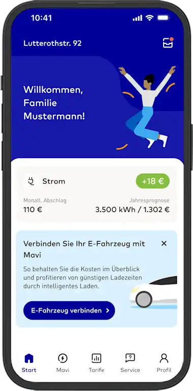 App Screen mit EnBW Mavi Dashboard in EnBW zuhause+ App mit Flex Light in Smartphone-Frame/Handyrahmen