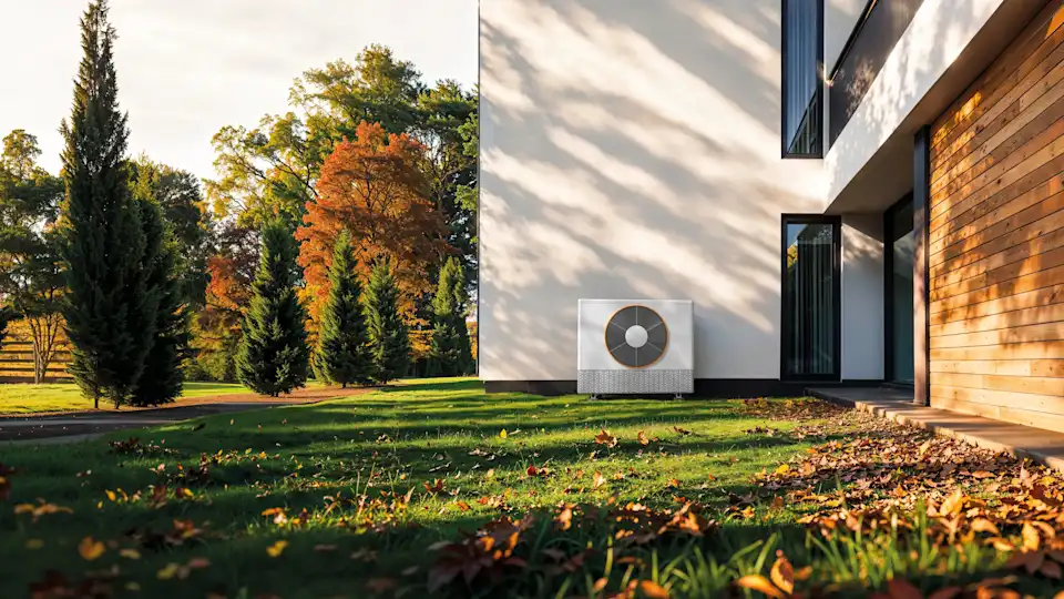 Wärmepumpe vor einem Haus im Herbst