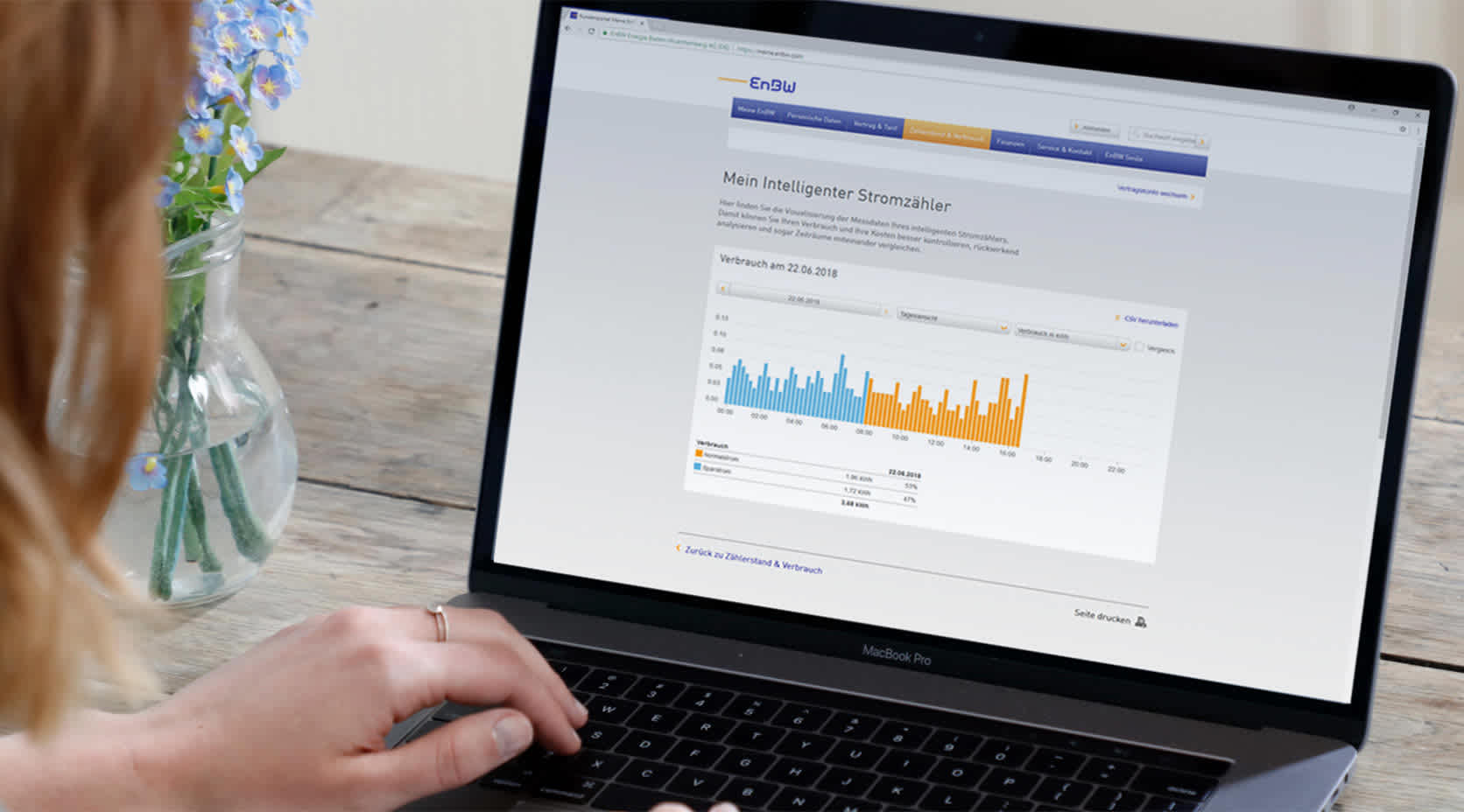 Frau überprüft Stromverbrauch online über Meine EnBW