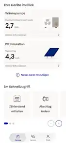 App-Screen zeigt EnBW Mavi Dashboard mit Wärmepumpe und PV-Simulation