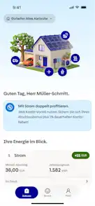 Smartphone Screen mit Dashboard der EnBW zuhause+ App
