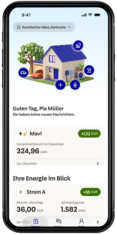 Illustration von Smartphone mit Homescreen der EnBW Energiewelt App