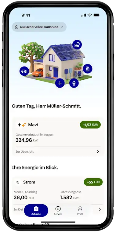 Illustration von Smartphone mit Homescreen der EnBW zuhause+ App