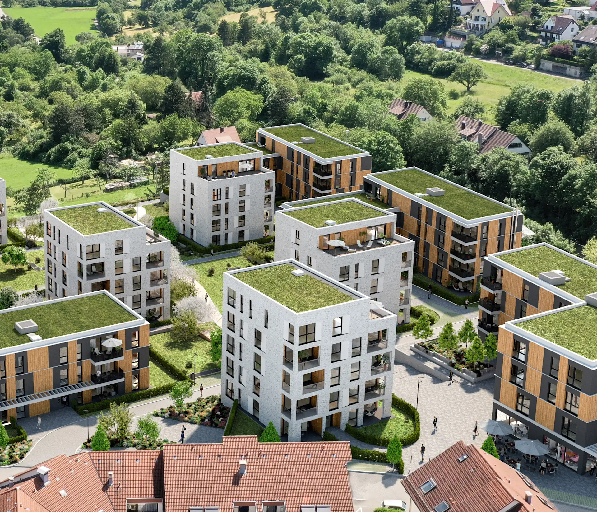 Wohnquartier mit bepflanzten Dächern