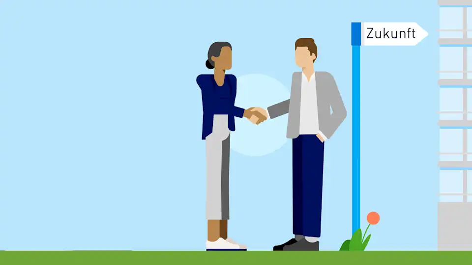 Flat-Illustration: Frau und Mann geben sich die Hand, daneben ein Schild mit der Aufschrift "Zukunft", im Hintergrund die EnBW-Gebäude
