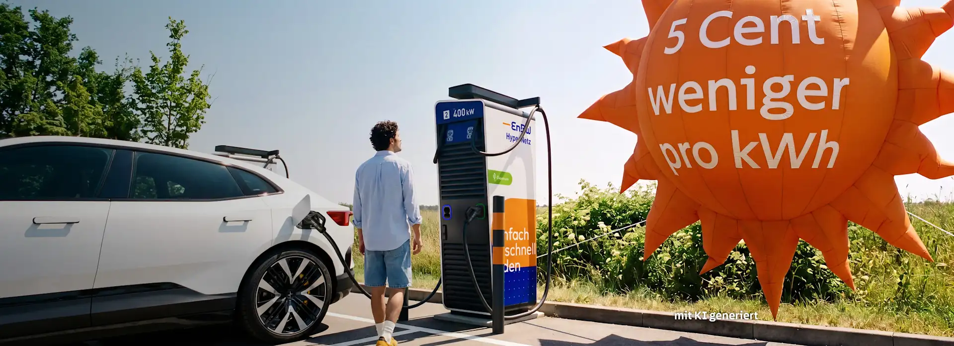 Ein Mann lädt sein E-Auto an einer EnBW-Ladesäule, rechts neben ihm fliegt ein Luftballon in Form einer Sonne mit der Aufschrift "5 Cent weniger pro kWh"