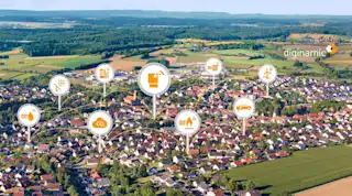 Stadt Panorama mit Icons zu Venetzung intelligente Lösungen Digitalisierung mit Sensoren Diginamic