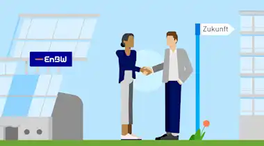 Flat-Illustration: Frau und Mann geben sich die Hand, daneben ein Schild mit der Aufschrift "Zukunft", im Hintergrund die EnBW-Gebäude
