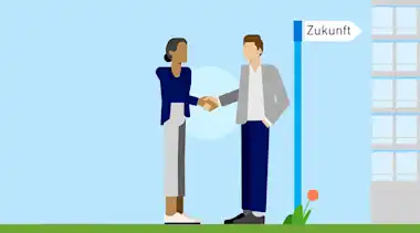 Flat-Illustration: Frau und Mann geben sich die Hand, daneben ein Schild mit der Aufschrift "Zukunft", im Hintergrund die EnBW-Gebäude