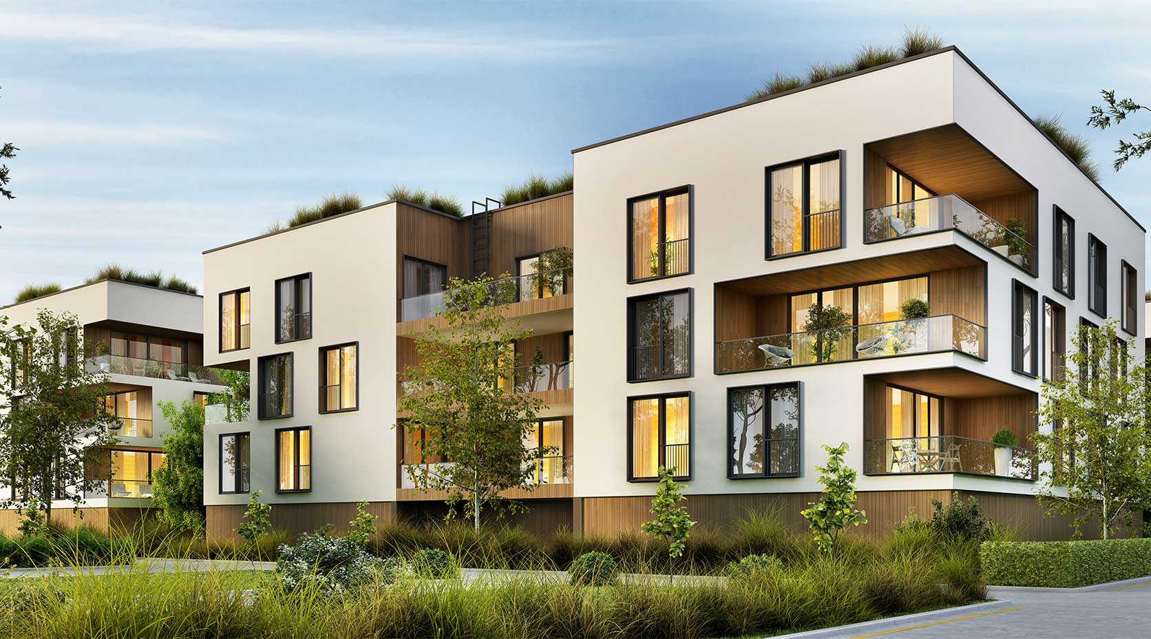 Moderne Hochhäuser im nachhaltigen Quartier