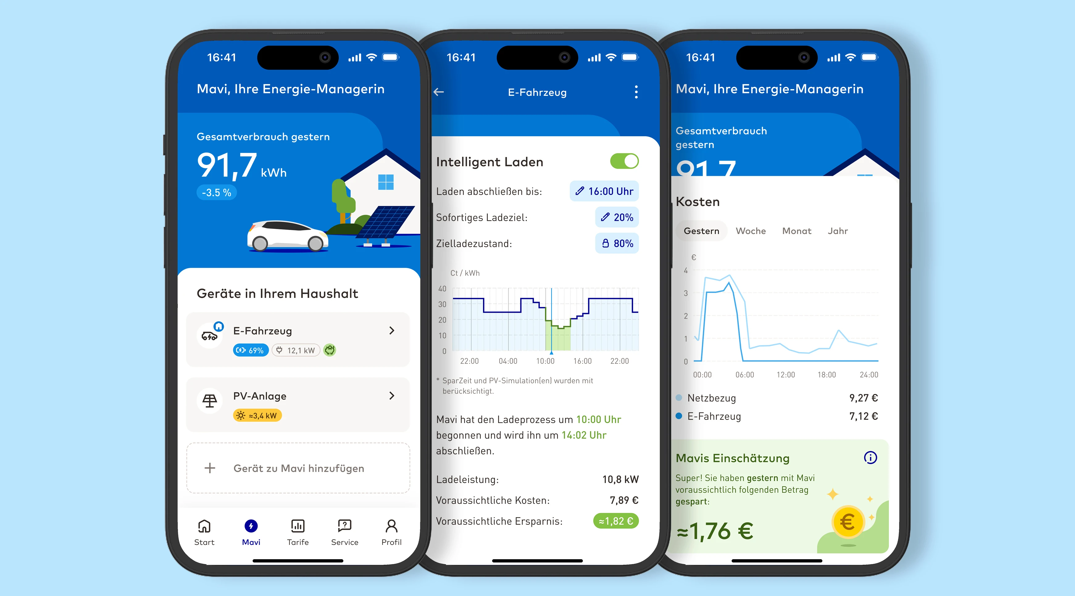 EnBW zuhause+ App Smartphone Ansicht Mavi Energieverbrauch Kostenübersicht hellblauer Hintergrund