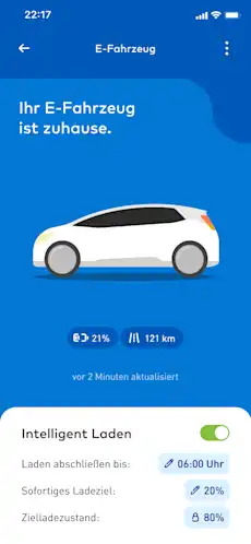 App Screen mit EnBW Mavi Dashboard zeigt aktiviertes Intelligentes Laden für verbundenes Elektroauto