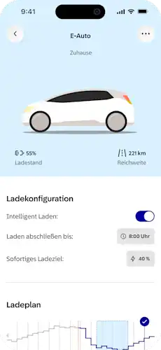 App Screen mit EnBW Mavi Dashboard zeigt aktiviertes Intelligentes Laden für verbundenes Elektroauto