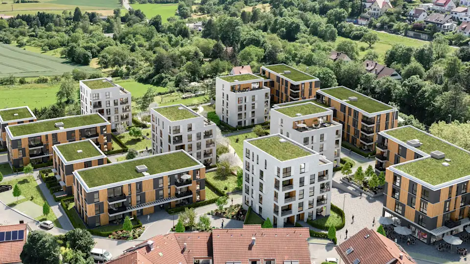 Wohnquartier mit bepflanzten Dächern