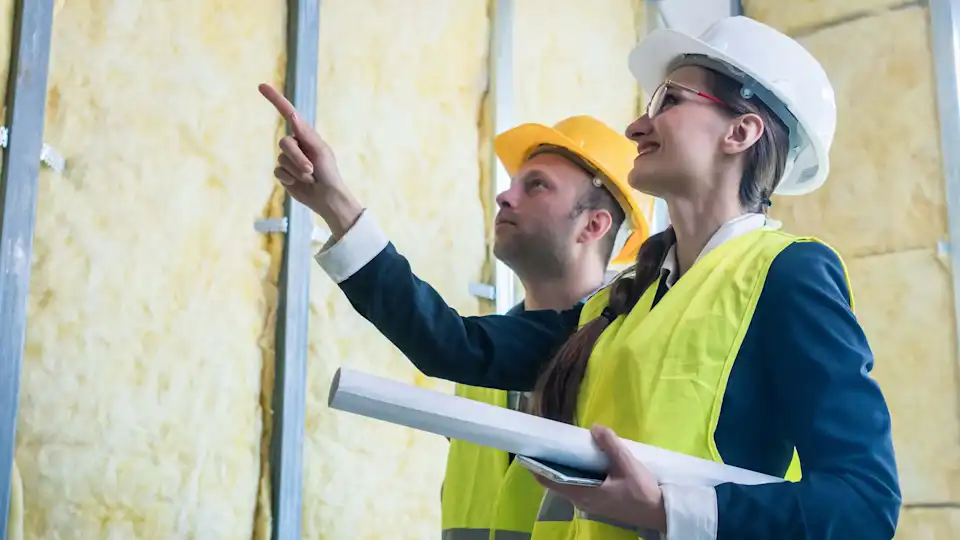 Mitarbeiter mit Warnweste und Helm bei der Überprüfung eines Gebäude