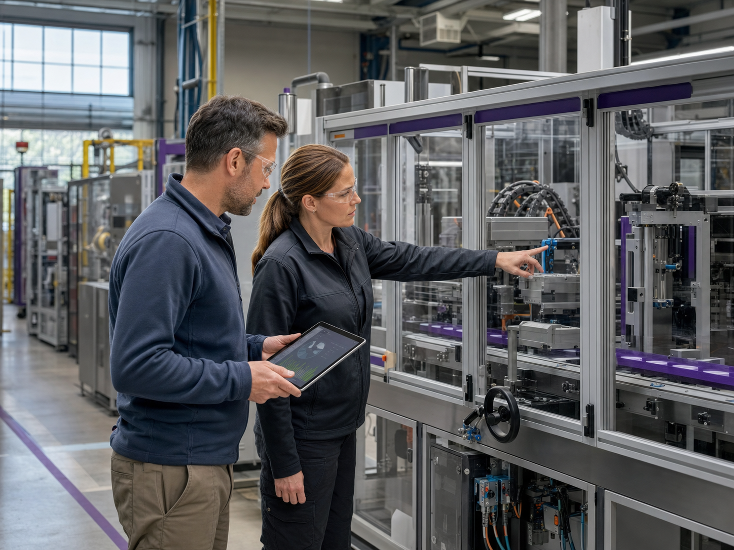 Équipe manufacturière inspectant des équipements de production modernisés
