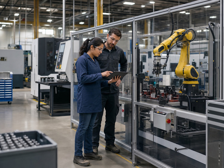 Manufacturing team reviewing an automated production cell