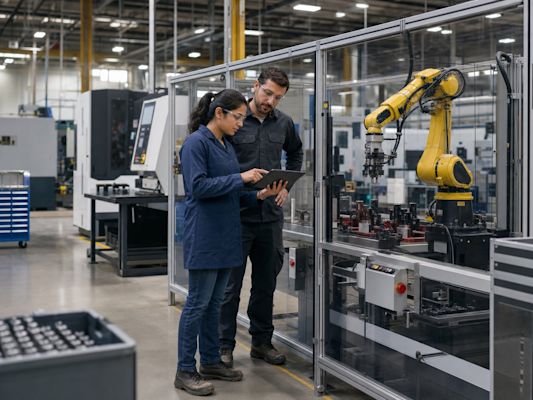 Manufacturing team reviewing an automated production cell