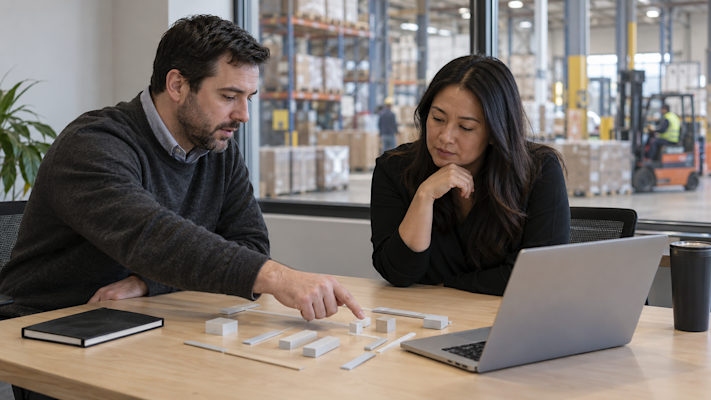 Two colleagues planning an AI rollout with process blocks in a workplace meeting room