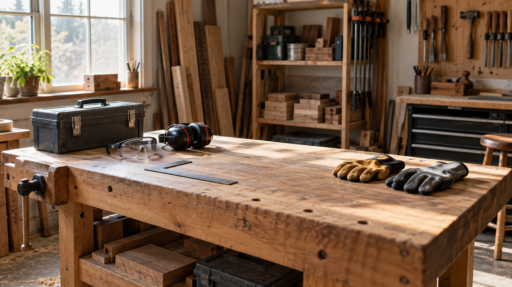 Tools and protective equipment on a workshop bench