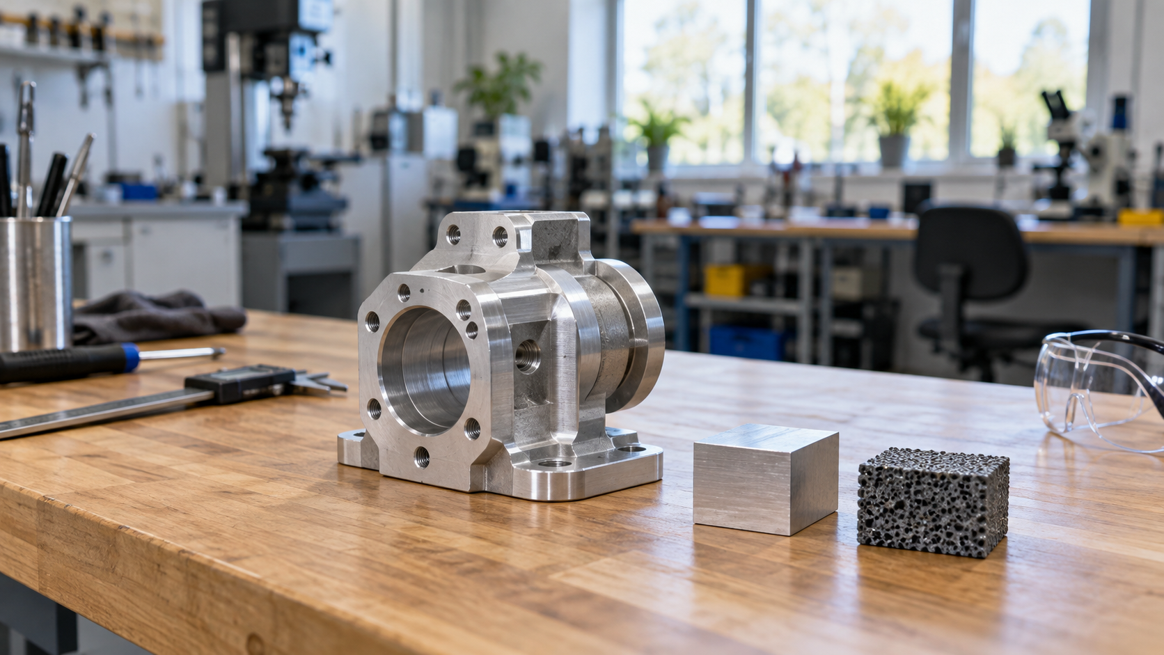 Prototype and material samples on an engineering workbench