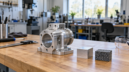 Prototype and material samples on an engineering workbench