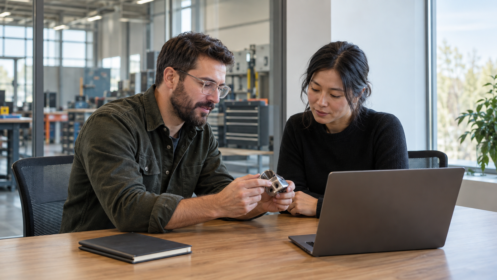 Colleagues reviewing a manufacturing component