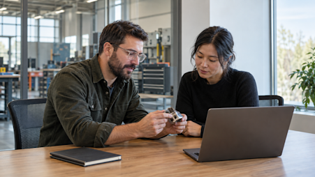 Colleagues reviewing a manufacturing component