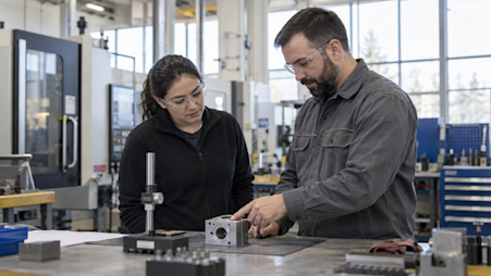 Manufacturing colleagues reviewing a metal component beside an idle workstation