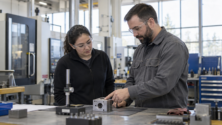 Manufacturing colleagues reviewing a metal component beside an idle workstation