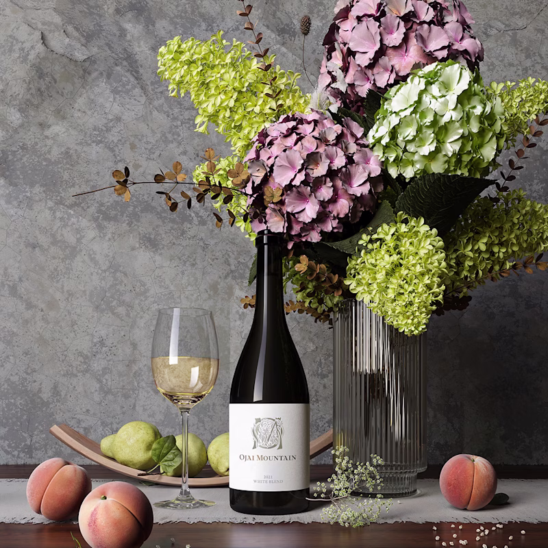 Ojai Mountain 2021 White Blend with hydrangeas, peaches and a poured glass Ojai Mountain 2021 White Blend with hydrangeas, peaches and a poured glass