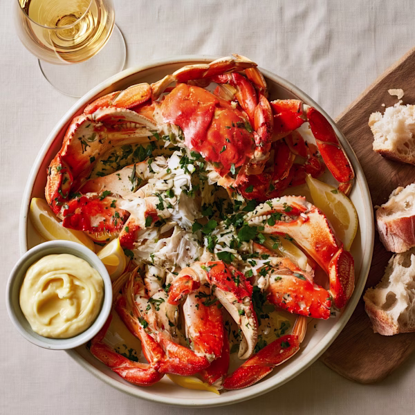 Dungeness Crab with Meyer Lemon Aioli Cracked Dungeness crab with lemon aioli, herbs and sourdough on platter