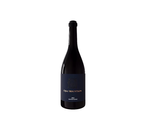Ojai Mountain 2023 Mourvèdre bottle with pewter label on a plain light background