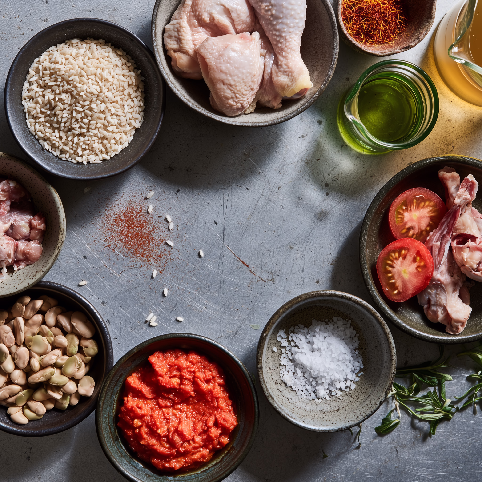 Bowls of Bomba rice, chicken, rabbit, saffron, tomato and beans laid out for paella