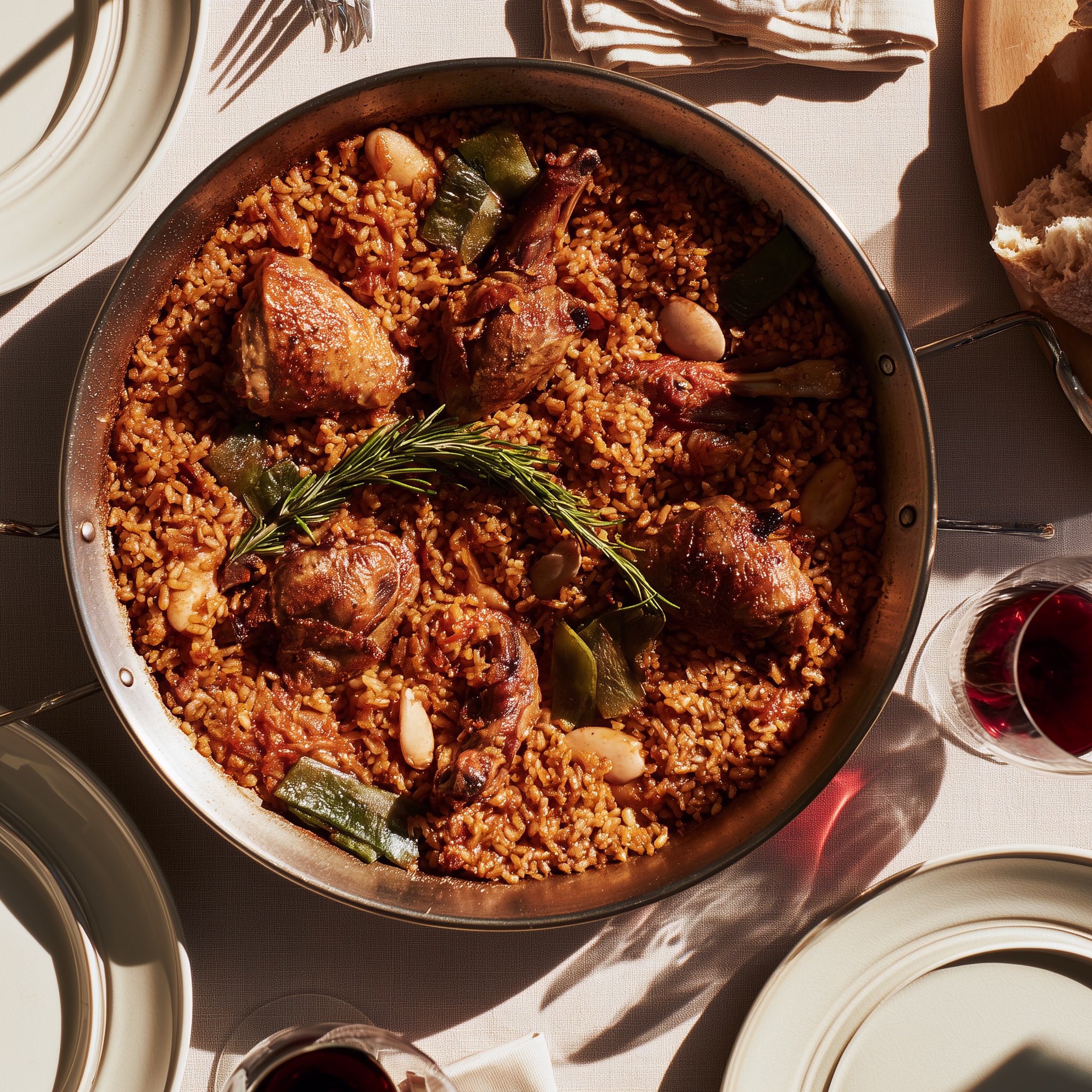 Finished Valencian paella in a steel pan on a set table with red wine alongside