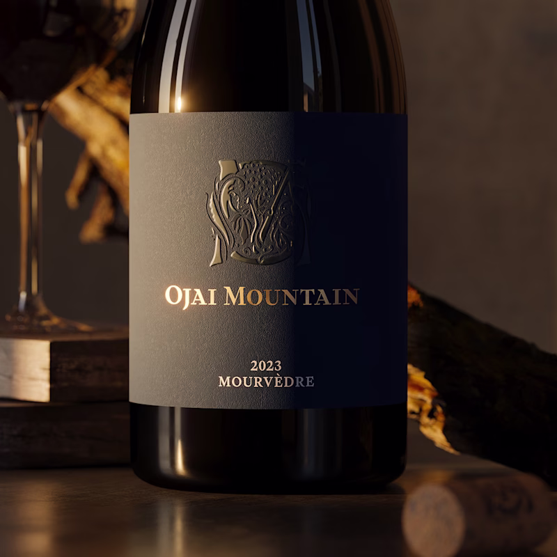 2023 Mourvèdre Gallery Image 03 Close view of the Ojai Mountain 2023 Mourvèdre label in warm light