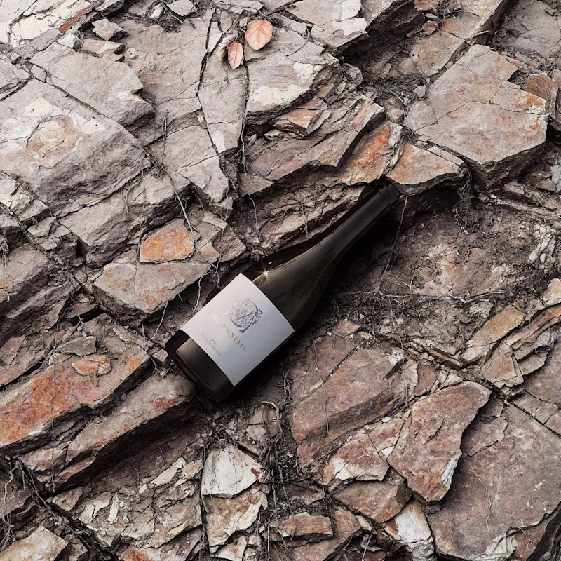 Ojai Mountain 2020 White Blend resting on cracked mountain rock