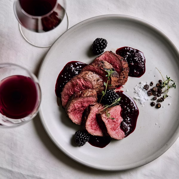 Grilled Venison Loin with Blackberry Juniper Sauce Sliced venison loin with blackberry juniper sauce and fresh thyme on plate