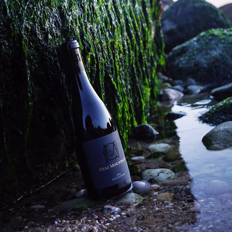 2023 Mourvèdre Gallery Image 04 Ojai Mountain 2023 Mourvèdre bottle standing beside a mossy creek