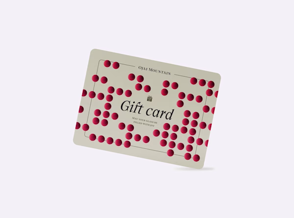 Ojai Mountain $100 wine gift card in cream with a scattered red berry pattern and "Gift card" in dark script