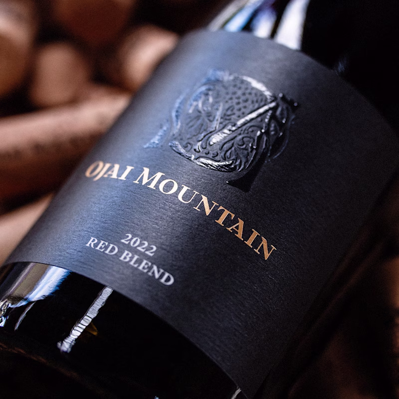 Close view of the embossed Ojai Mountain 2022 Red Blend label Close view of the embossed Ojai Mountain 2022 Red Blend label