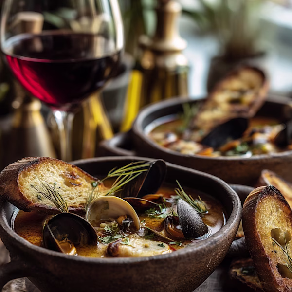 Saffron Bouillabaisse with Mussels and Grilled Bread Saffron bouillabaisse with mussels, clams, fresh herbs, and grilled crostini served in a rustic bowl, paired with Ojai Mountain Mourvèdre