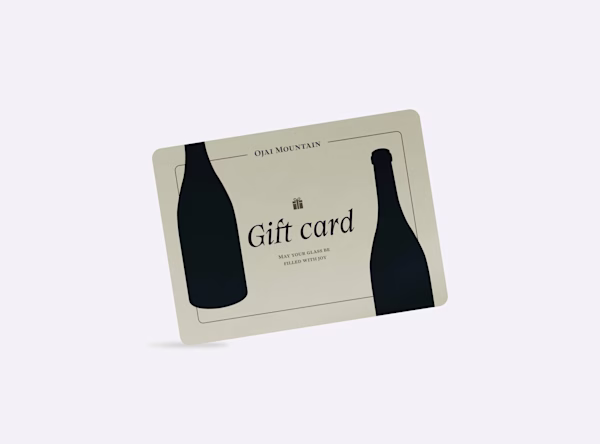 Ojai Mountain $150 wine gift card in cream with two dark wine bottle silhouettes and "Gift card" in dark script