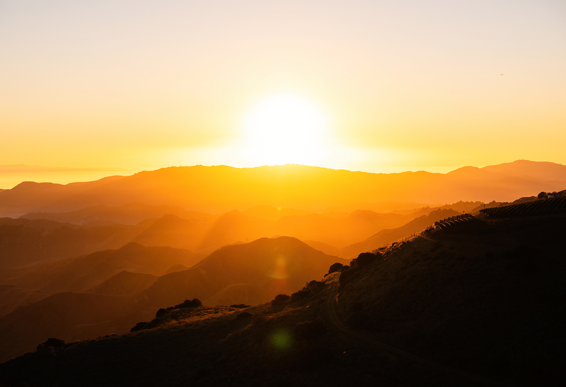 Sun setting over the mountain ridgeline with vineyard rows along the slope.
