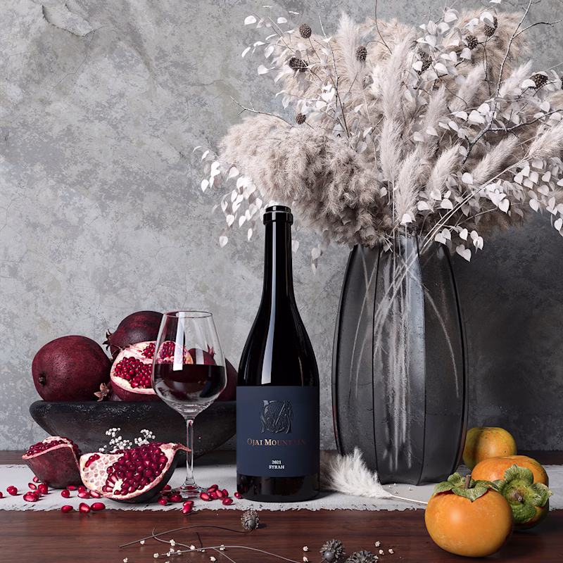 Ojai Mountain 2021 Syrah with pomegranates, persimmons and dried grasses